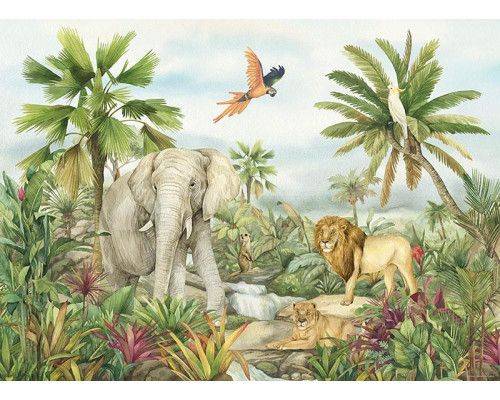 Een fotobehang met tropisch dierenparadijs 2, waarin een heldere jungleachtergrond met een leeuw, olifant en papegaai een levendige uitstraling geeft.