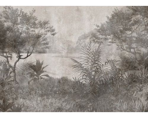 Fotobehang met een tropisch meer in vintage stijl, gedomineerd door groen-grijze tinten, perfect voor een rustieke en tijdloze uitstraling.