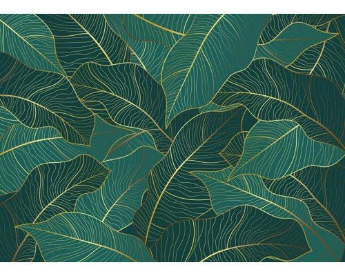 Een fotobehang met tropische bladeren in smaragdgroen en goud.