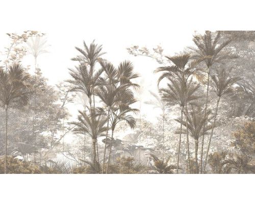 Fotobehang van tropische bomen en planten in een dichte jungle, met een serene sfeer.