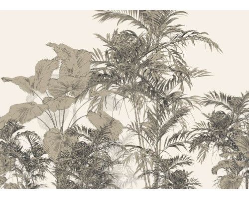 Fotobehang met een levendige tropische compositie, vol exotische bladeren, bloemen en warme tinten, perfect voor een energieke en natuurlijke uitstraling.