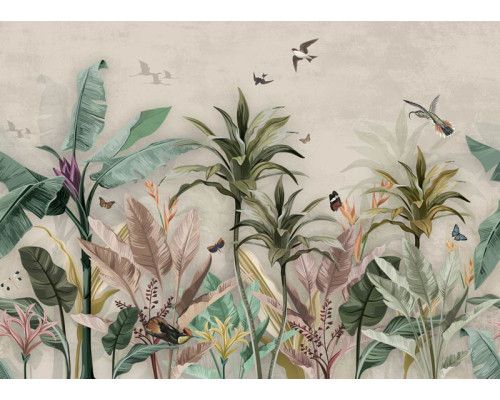 Tropische jungleplanten in een vintage botanische stijl, afgebeeld op een prachtig fotobehang.