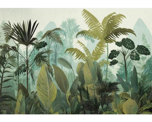 Fotobehang met tropische bladeren in groene tinten tegen een lichte achtergrond.