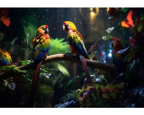 Fotobehang van kleurrijke tropische papegaaien die zich verschuilen tussen de dichte bladeren van de jungle, met levendige details.