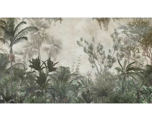 Een weelderig tropisch landschap met palmbomen en jungle, afgebeeld op een fotobehang van de natuur.
