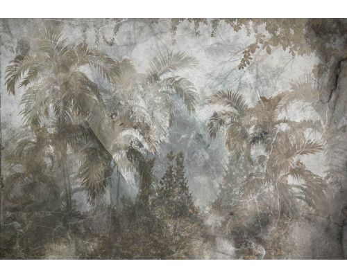 Fotobehang van tropische jungleplanten en bomen op een betonnen achtergrond, met een moderne twist.