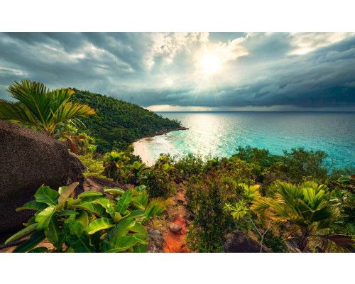 Tuin van Verleiding landschap fotobehang, met een betoverende zonsondergang.