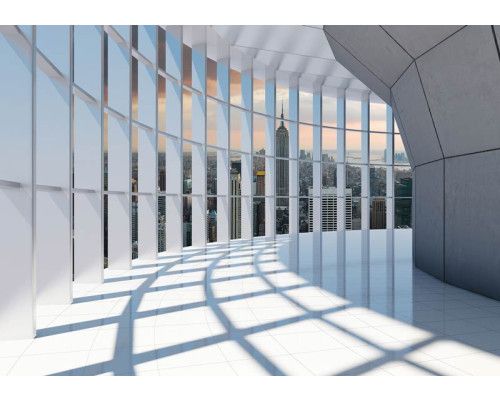 New York 3D-tunnel fotobehang met een panoramisch stadsbeeld van een stedelijke omgeving.