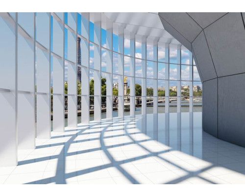 Parijs fotobehang met een 3D-stadstunnel en een panoramisch uitzicht op de stad.
