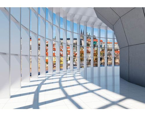 Fotobehang met een 3D-tunnel, stadsuitzicht en een panoramisch beeld van een stedelijk landschap.