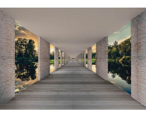 Tunnel fotobehang met uitzicht op een meer, weergegeven in een 3D-effect met zonsondergang in de verte.