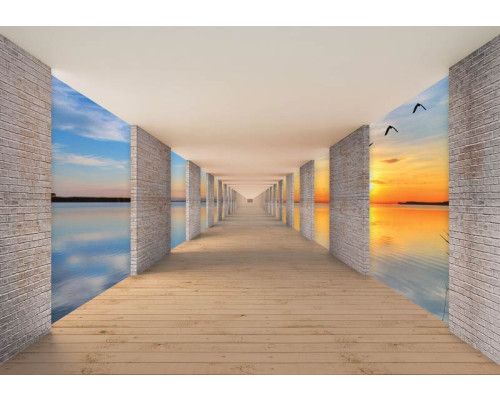Fotobehang met een 3D-tunnel en een uitzicht op een meer tijdens een kleurrijke zonsondergang.