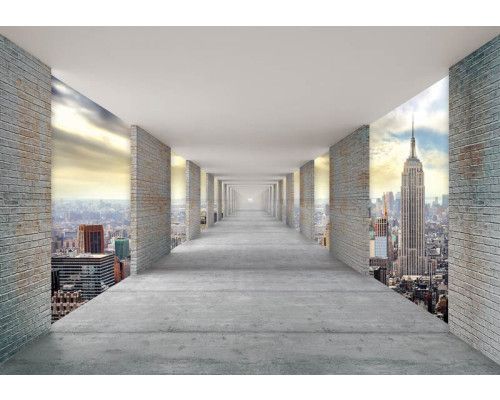 Fotobehang met een 3D-tunnel die uitkijkt op de iconische skyline van New York met wolkenkrabbers.