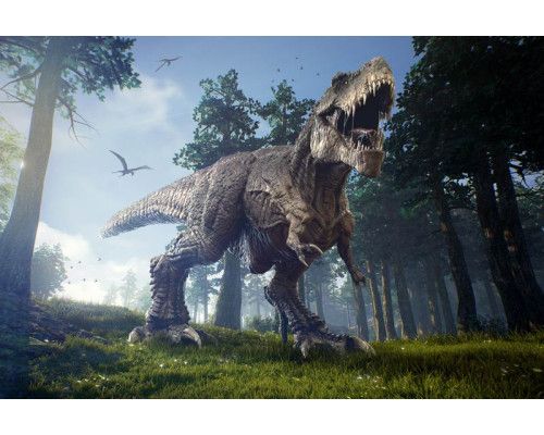 Tyrannosaurus Rex brult in een machtig en gedetailleerd fotobehang, dat de kracht van deze dinosaurus benadrukt.