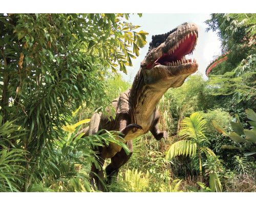 Fotobehang tyrannosaurus rex in de jungle met een indrukwekkende dinosaurus te midden van een levendig junglelandschap.