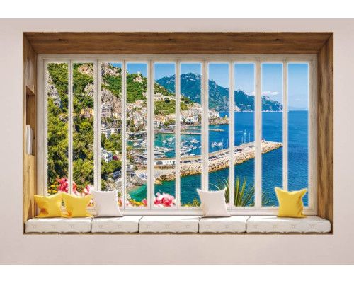 Uitzicht op de stad en zee door een raam met 3D-perspectief op fotobehang.
