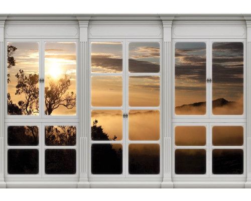 Mistig bos zichtbaar door een raam op een 3D-fotobehang, met herfstachtige bomen.