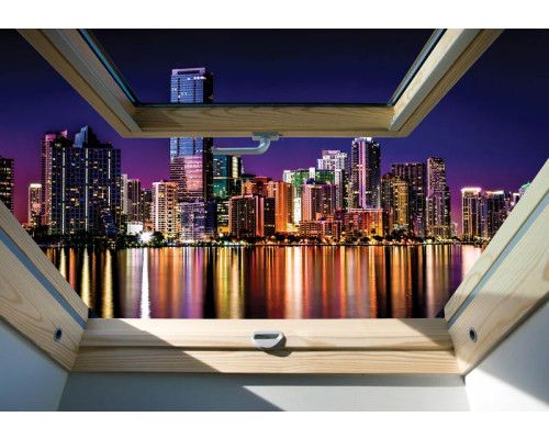 Fotobehang met uitzicht op New York door een dakraam, 3D-effecten van de Amerikaanse stad.