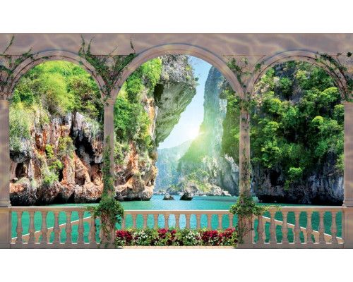 Fotobehang met een uitzicht op rotsen en een helder meer vanaf een terras, met een 3D-effect.