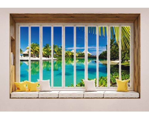 Uitzicht op Hawaii door een raam in 3D-perspectief op een tropisch fotobehang.