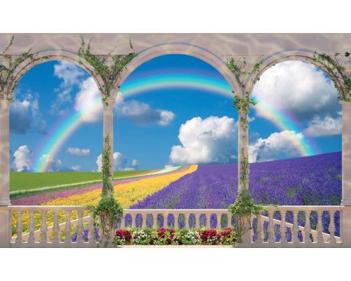 Fotobehang met uitzicht op een bloemenveld vanaf een terras, 3D-effect voor extra dimensie.