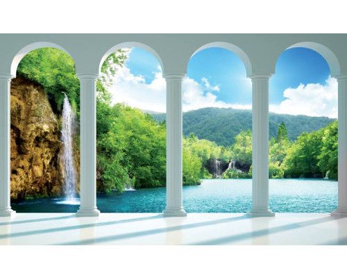Fotobehang van een uitzicht op een waterval met 3D pilaren, voor een adembenemend landschap.