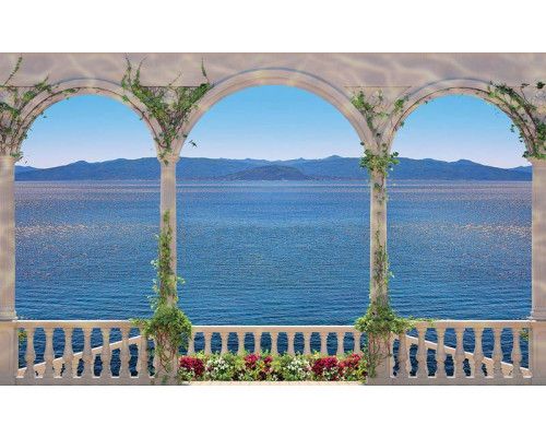 Balkon uitzicht op zee, fotobehang met Griekse zuilen en een prachtig zeezicht voor een luxueuze sfeer.