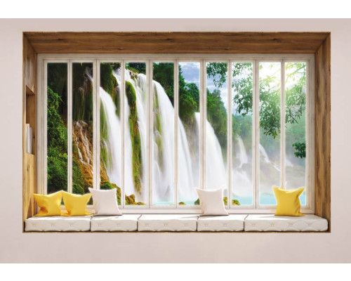 Uitzicht op een grote waterval door een raam op 3D-fotobehang.