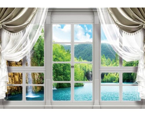 Uitzicht op een waterval in een berglandschap met 3D-effect op fotobehang.