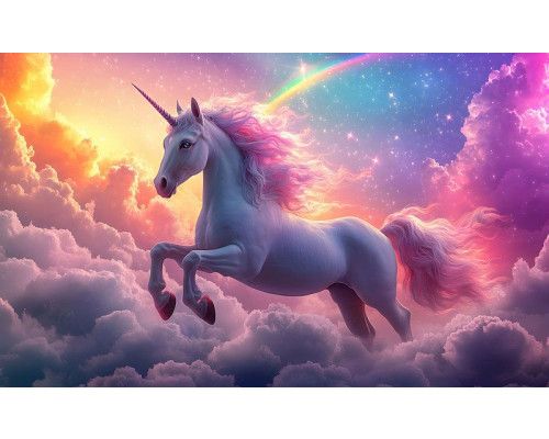 Fotobehang met een unicorn die hoog in de wolken zweeft, omringd door een regenboog en sterren.