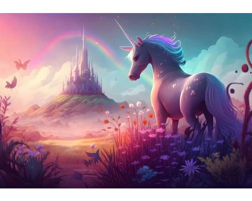 Fotobehang van een eenhoorn in Wonderland, met een sprookjeskasteel en regenboog in prinsessenstijl.