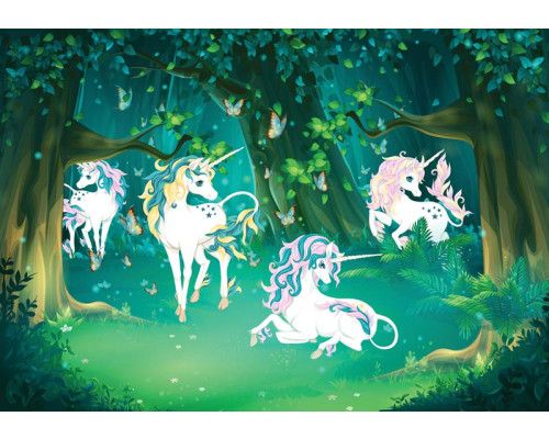Unicorns sprookjesbos fotobehang, ideaal voor kinderkamers.