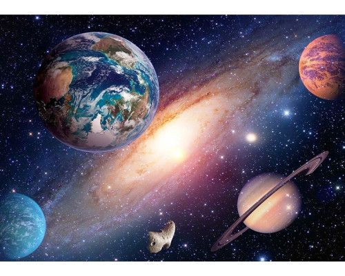 Fotobehang van het universum met allemaal planeten en sterren.