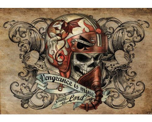 Fotobehang van Vengeance is mine met een skull en motorhelm, alchemie thema.
