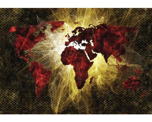 Fotobehang met een verlichte wereldkaart, abstracte kunst met de planeet aarde als thema.