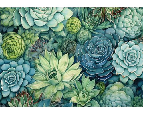 Fotobehang van vetplanten in een groene tint, met een kunstzinnige weergave van deze natuurlijke elementen.