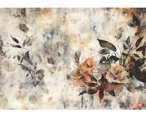 Fotobehang met vintage bloemen in zachte kleuren op een verweerde, textuurrijke achtergrond.
