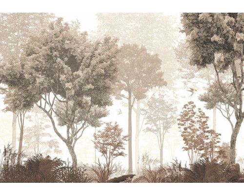 Fotobehang van een bos met 2 vogels in vintage kleuren.