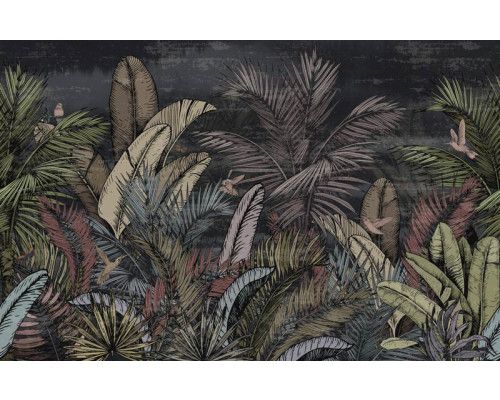 Fotobehang met vintage jungleplanten, rijk aan botanische details en weelderige bladeren.