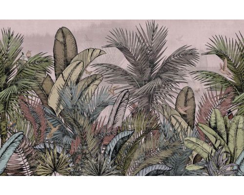 Een fotobehang met vintage jungleplanten en botanische details van tropische bladeren.