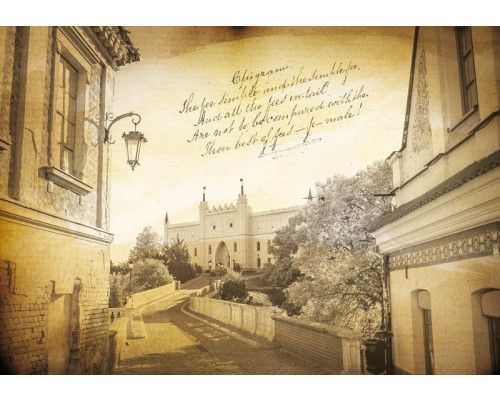 Lublin stad in vintage stijl, fotobehang met een oude stad en zee in een nostalgisch landschap.