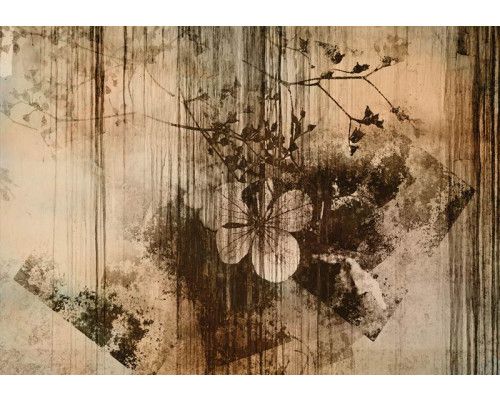 Vintage fotobehang met bloemen op een verweerde muur, ouderwets design met een charmant en rustiek karakter.