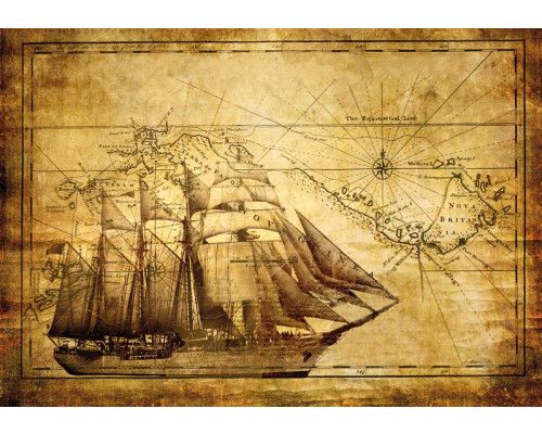 Vintage schip fotobehang, met een kaart van de zee en een antieke weergave van een schip op avontuur.