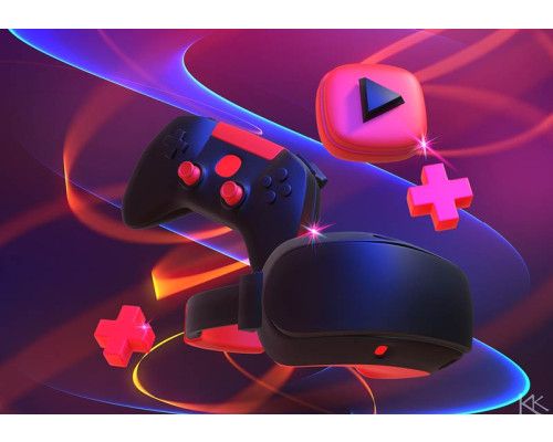 Fotobehang met neon roze en paarse kleuren waarop een gamecontroller en een VR-bril te zien zijn in een futuristische setting.