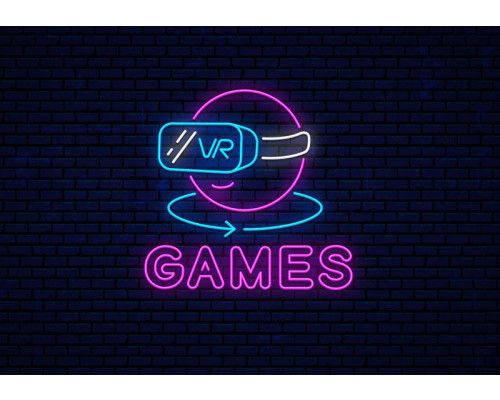 Fotobehang Virtual Reality Games Neon met futuristische VR-headset en felgekleurde neonletters op donkere baksteenachtergrond.