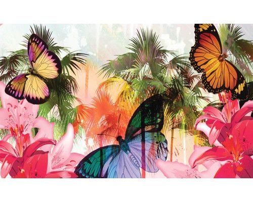Fotobehang van een vlinder in een jungle-omgeving, in een abstract tropisch ontwerp.
