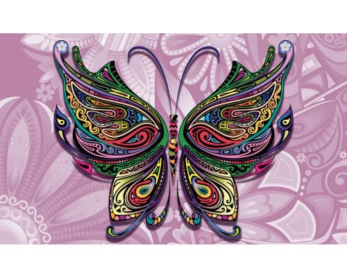 Fotobehang van een vlinder in abstracte kunststijl, kleurrijk en sierlijk.