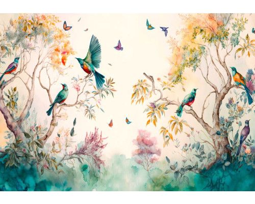 Fotobehang van vlinders en vogels geschilderd in aquarel, met bomen en kunstzinnige details.