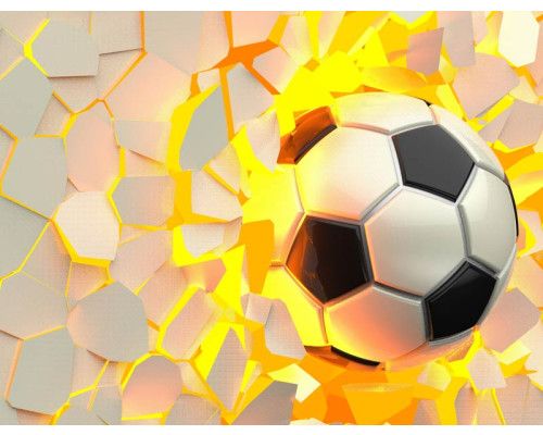3D-fotobehang met een voetbal die uit de muur lijkt te komen, wat een dynamisch en levendig effect creëert.