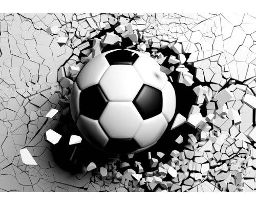 Een indrukwekkend fotobehang met een voetbal midden in een gebroken muur, weergegeven in 3D.